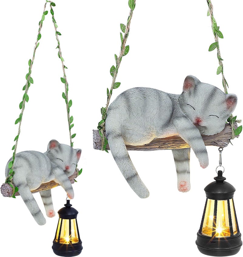 ZaaYee Solar Lighted Garden Outdoor Statue, 22.6" H Hanging Swing Lying with A Sleeping Cat and A LED Lantern, Resin Animal Figurine Hanging Ornaments with Hook for Decoration & Gift - Image 1